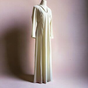Vintage 70s Ivory Maxi Dress | 1970s Long Sleeve V‑Neck Soft Draped Bust Gown |